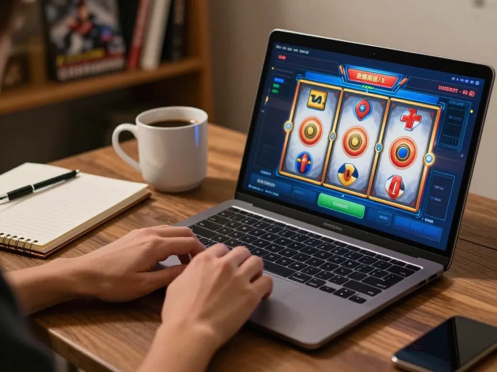 Engaging in slot mahjong gameplay on a modern laptop displaying vibrant spinning reels, emphasizing responsible gaming.