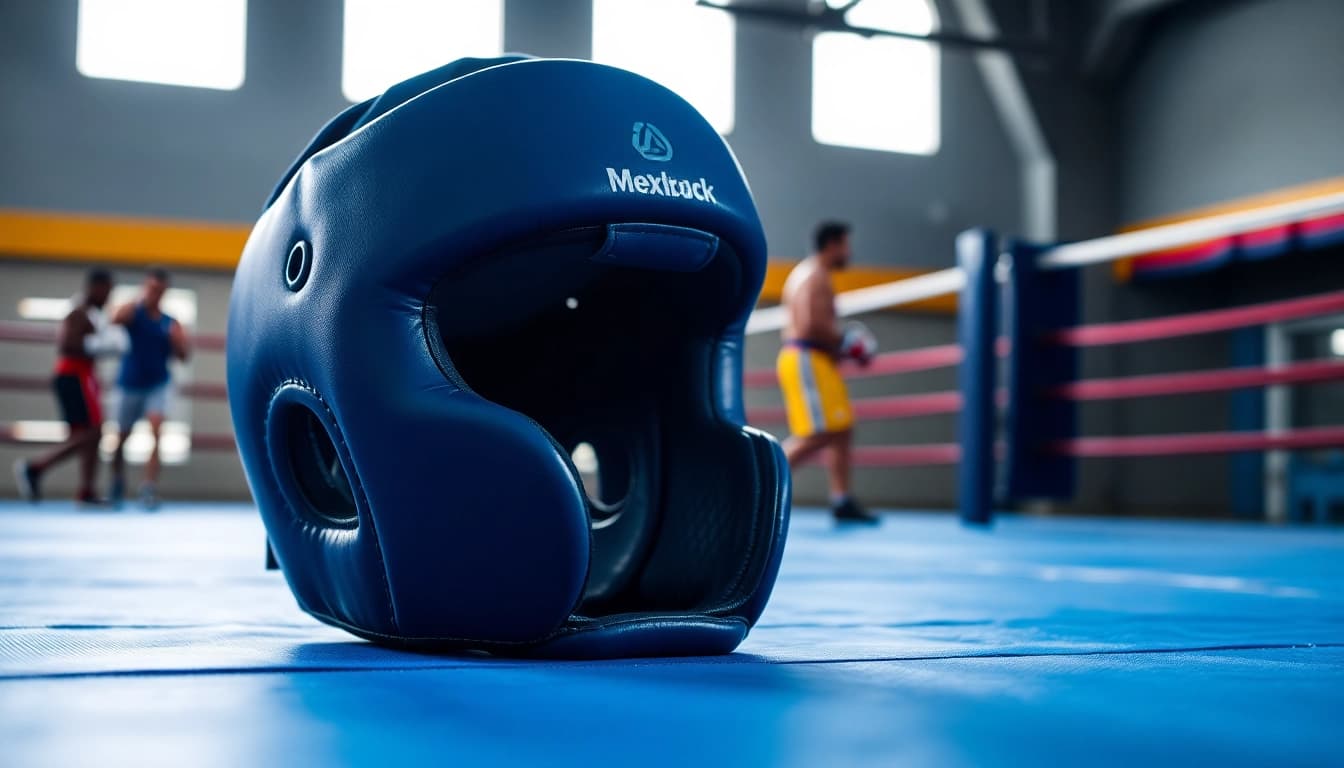 Casco de boxeo listo para entrenamiento en un gimnasio, destacando su diseño protector.