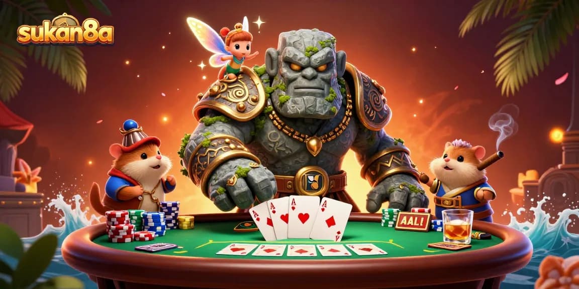 Engage with sukan8a as a vibrant casino scene unfolds with magical characters and poker excitement.