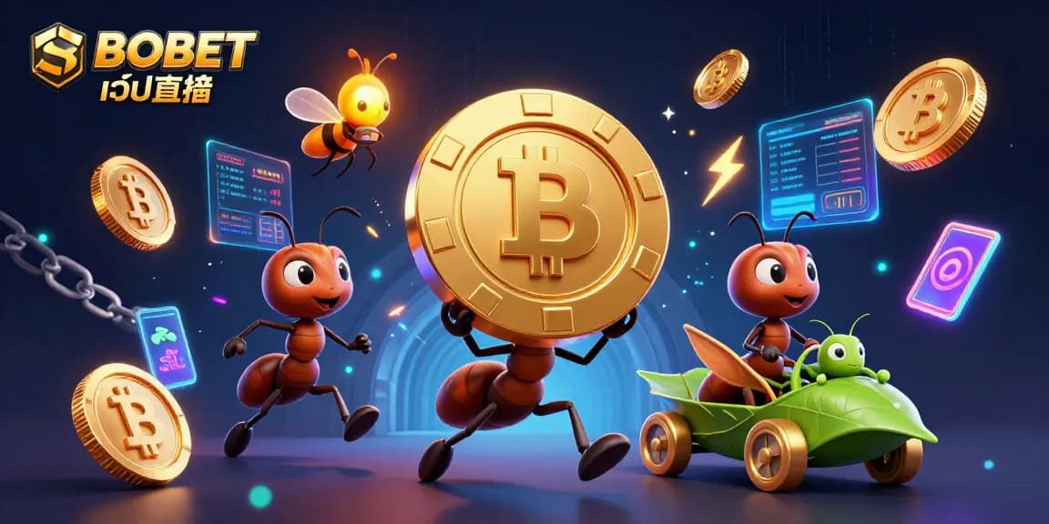 Engage with SBOBET เว็บตรง where animated ants orchestrate a heist amidst glowing crypto coins and vibrant casino elements.