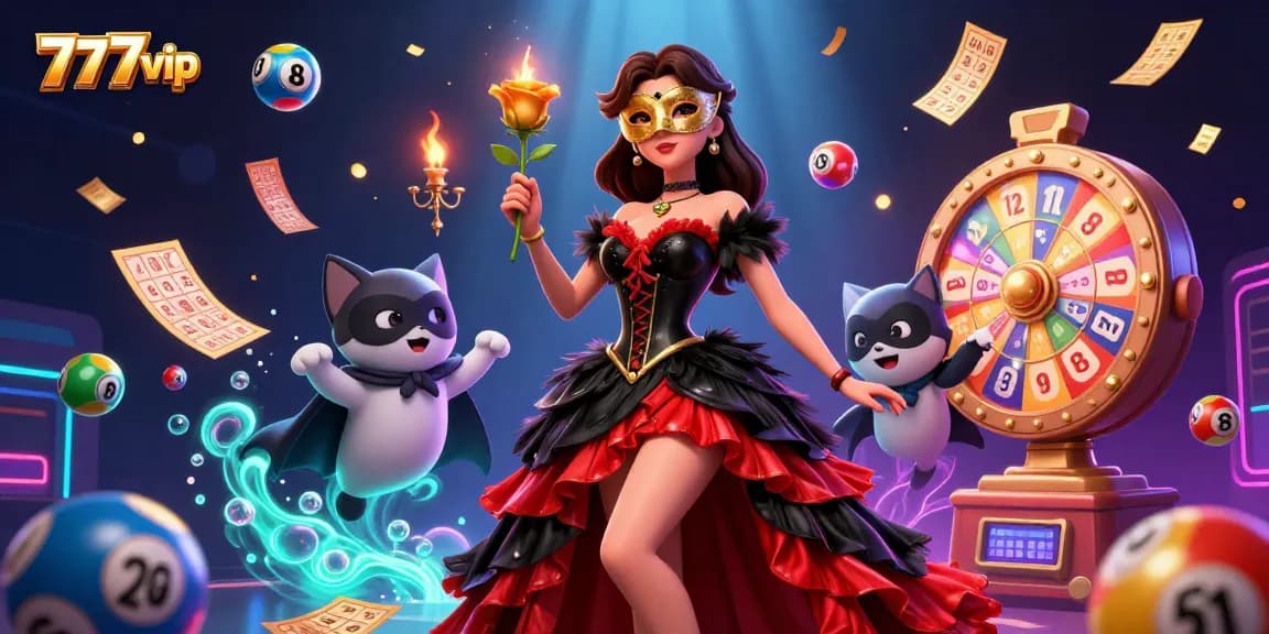 Join the excitement of 777vip with vibrant games, lotteries, and promotions illustrated in a dynamic scene.