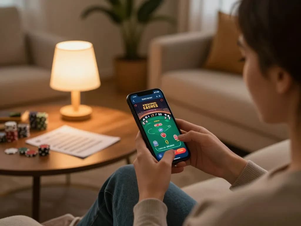 Engaging in responsible gaming with giường bệnh nhân displayed on a smartphone interface, cozy home atmosphere.