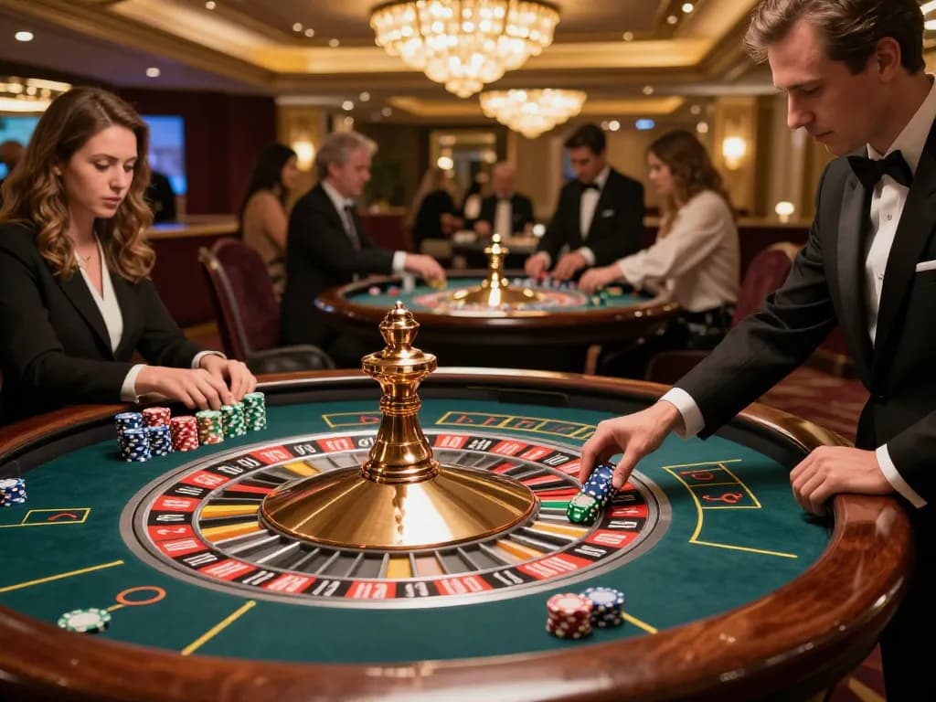 Experience the thrill of slot gacor hari ini at an upscale roulette table with players engaged in the excitement.
