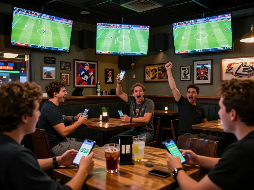 Soi Kèo patrons enjoying live football matches while placing bets on smartphones in a lively sports bar.