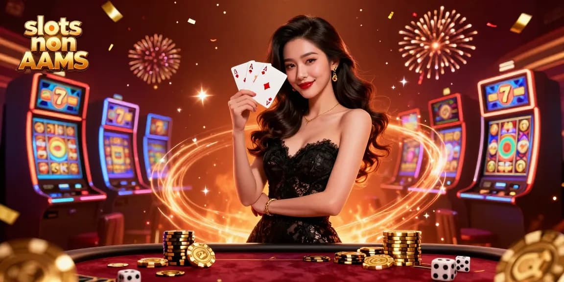 Vivi l'emozione delle slot non AAMS, con una donna asiatica glamour che tiene carte da gioco tra elementi vibranti di casinò.