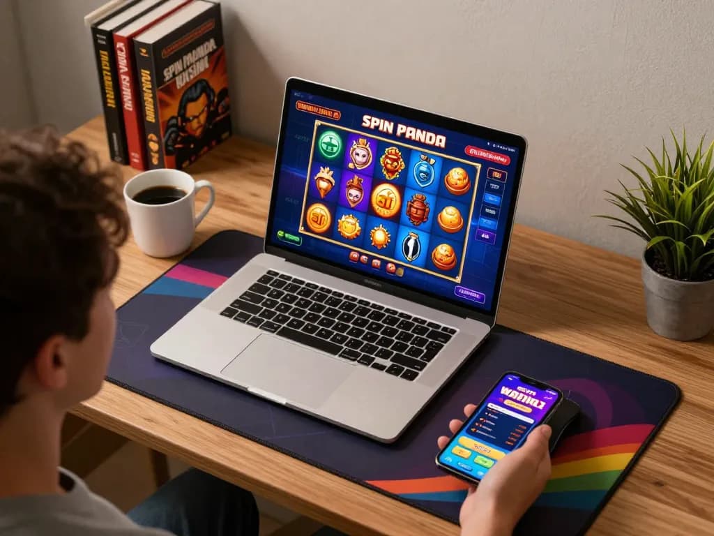 Engaging in spin panda kasino with colorful graphics on laptop, enhancing online gaming experience.