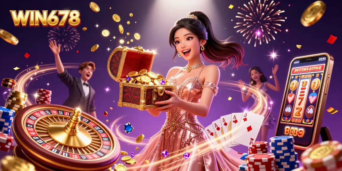 WIN678 showcases a joyous woman revealing a treasure chest of coins and gems in a vibrant casino scene.