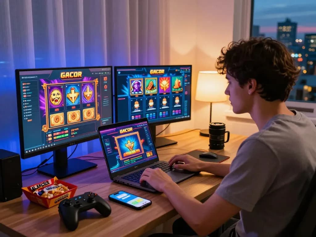 Adegan permainan slot gacor yang menarik dengan seorang pemain di rumah, grafis warna-warni, dan dompet digital.