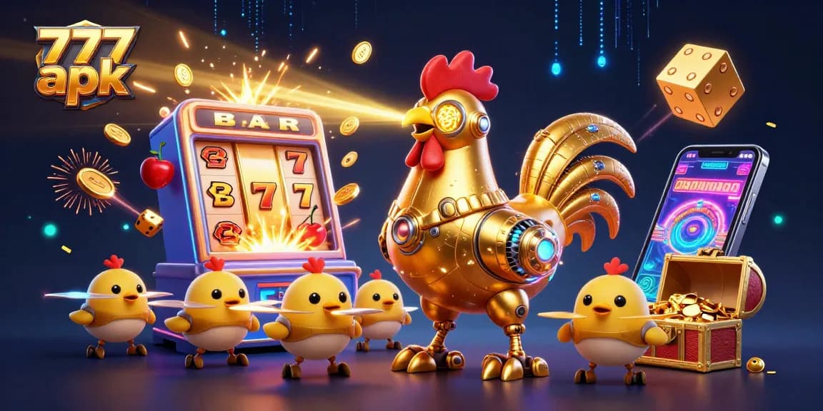Engage with 777 apk in a vibrant scene of a futuristic casino illustration featuring the golden rooster robot.