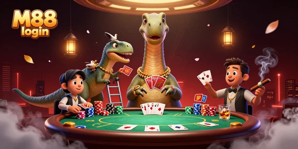 Experience M88 login with a fun 3D cartoon brontosaurus and clever raptor at a poker table.