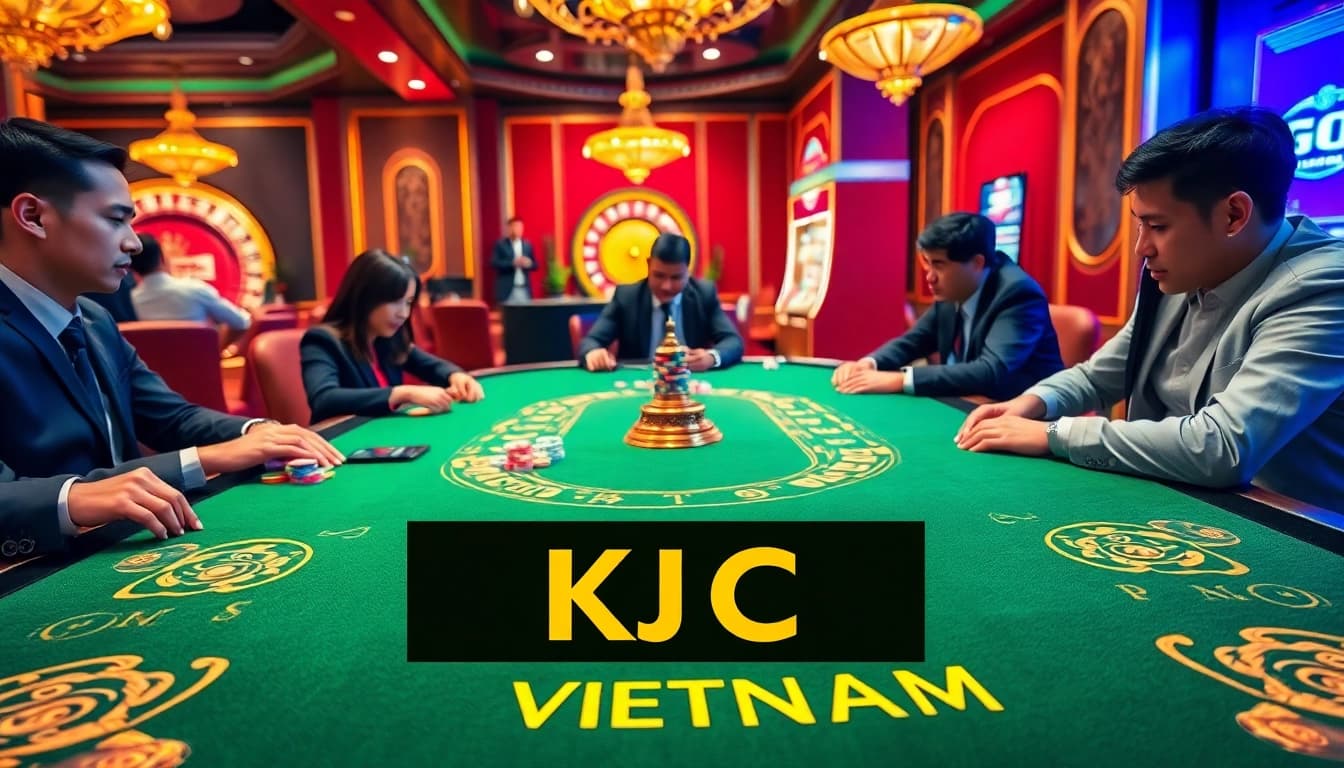 Experience thrilling gaming at KJC Vietnam with vibrant casino tables and excited players.