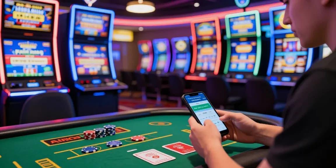 Exciting player engaged at a casino that accepts credit cards, surrounded by vibrant slot machines and live dealer tables.