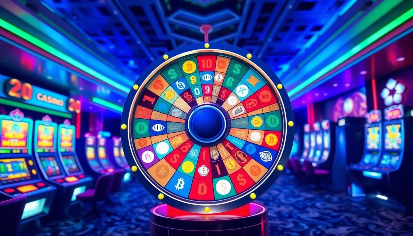 Showcasing the Best crypto casino bonus through an animated spinning crypto wheel in a vibrant digital casino setting.