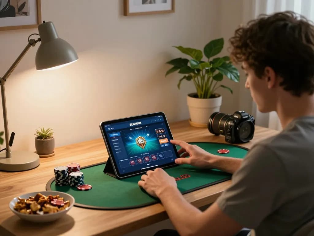 Engaging with the SUNWIN LINK app on a tablet during a cozy home gaming session, showing strategic gameplay.