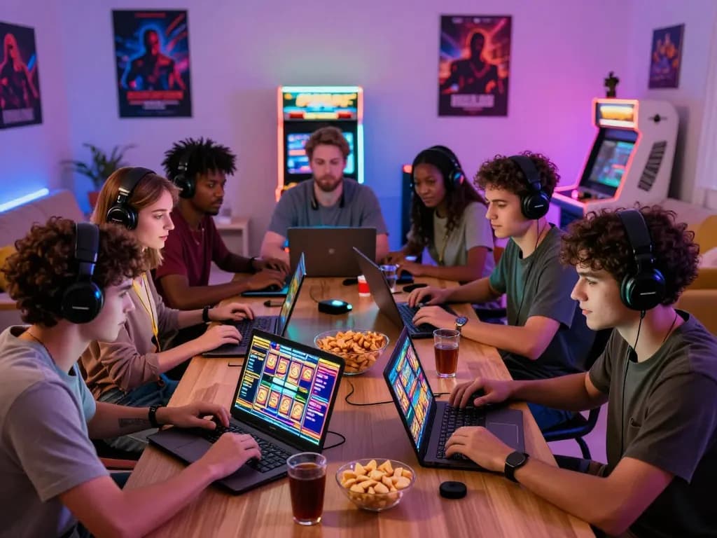 Pemain yang terlibat menikmati permainan slot laoban188 dalam suasana bermain yang hidup dengan dekorasi modern.