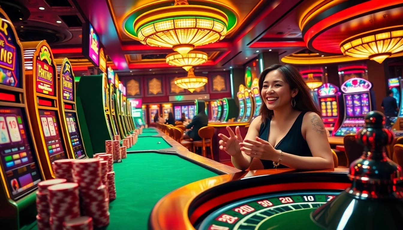 Experience the thrilling MV88 game in a luxurious casino setting with vibrant slot machines.