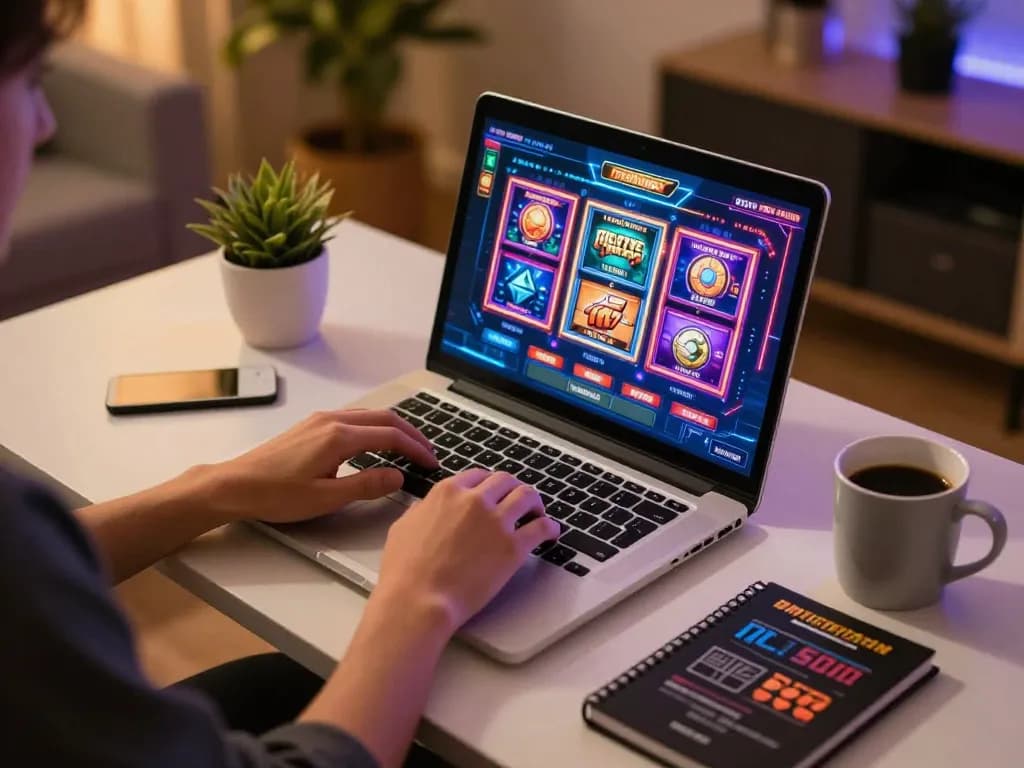 Engaging in slot gaming from home with colorful interface displayed