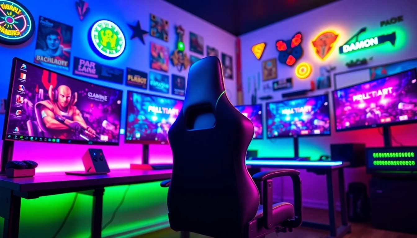Engaging gaming environment showcasing daman games on multiple screens with LED lights.