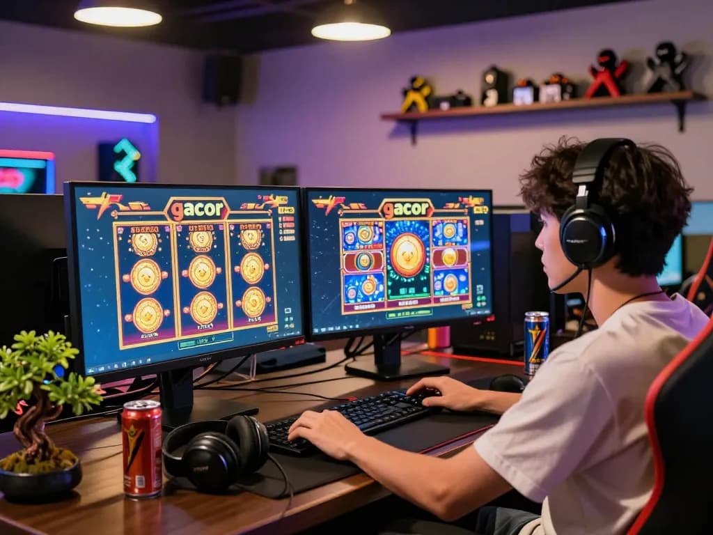 Visual permainan yang menarik dengan permainan slot link gacor ditampilkan pada dua monitor yang cerah, menampilkan suasana kasino online yang imersif.