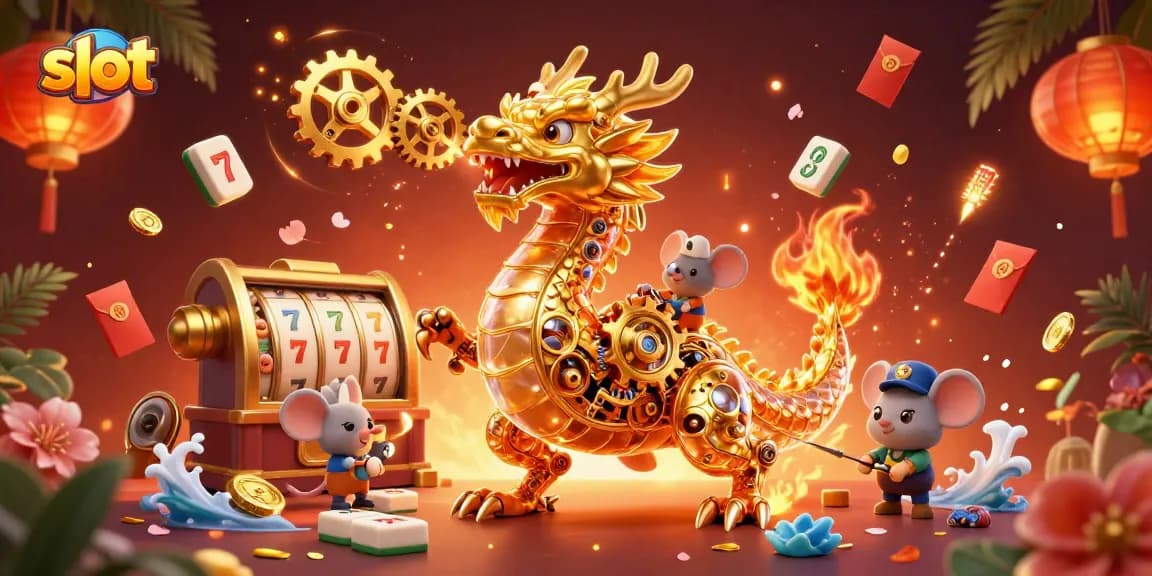 Menangkan permainan slot dengan ilustrasi naga emas mekanikal yang menonjol dan elemen kasino yang glamor.