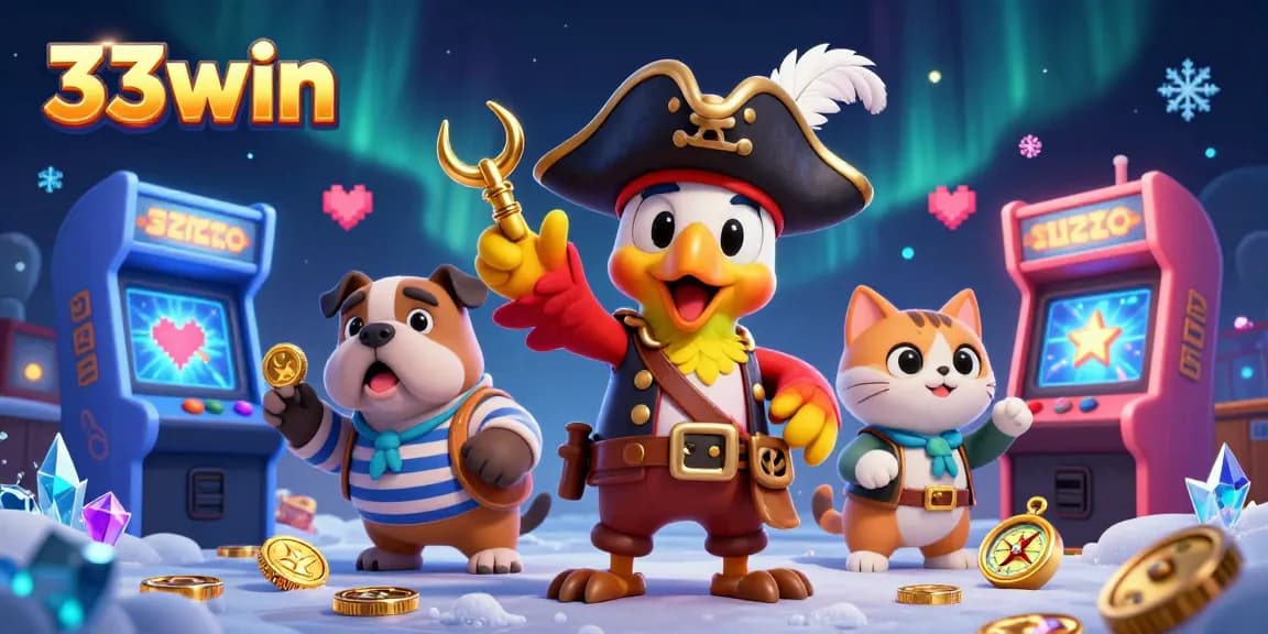 Engage with the thrilling realm of 33win's online gambling, featuring adventurous characters amidst vibrant casino elements.