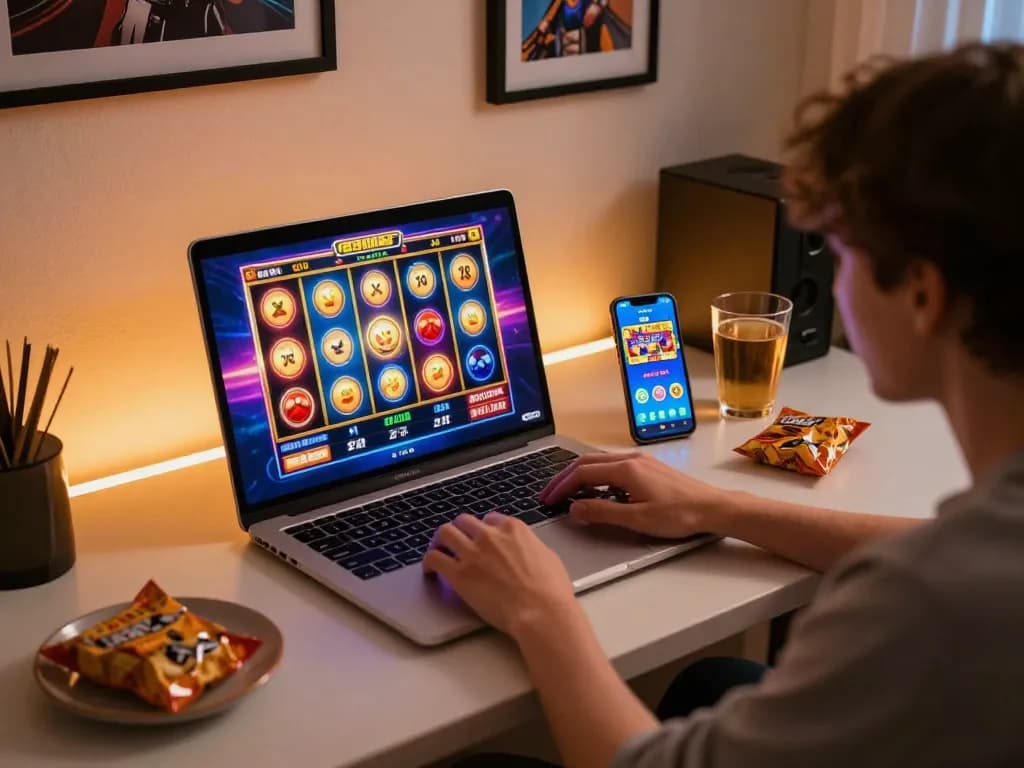 Engaging gameplay on slot gacor app displayed on a modern laptop, atmosphere of online casino gaming, cozy home setup.