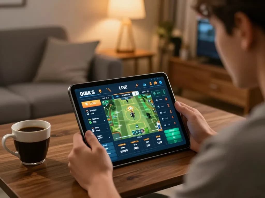 Sungaitoto user placing bets on sports events via tablet in a cozy home setting, showcasing online gambling experience.
