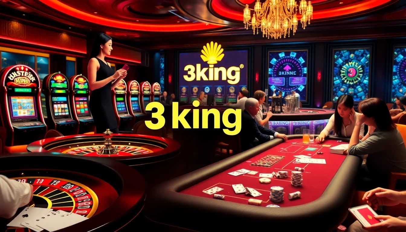Exciting casino scene highlighting 3king with a vibrant roulette table, slot machines, and engaged poker players.