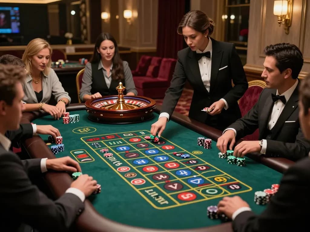 Players excitedly placing bets at a roulette table, showcasing Link Gaco in action.