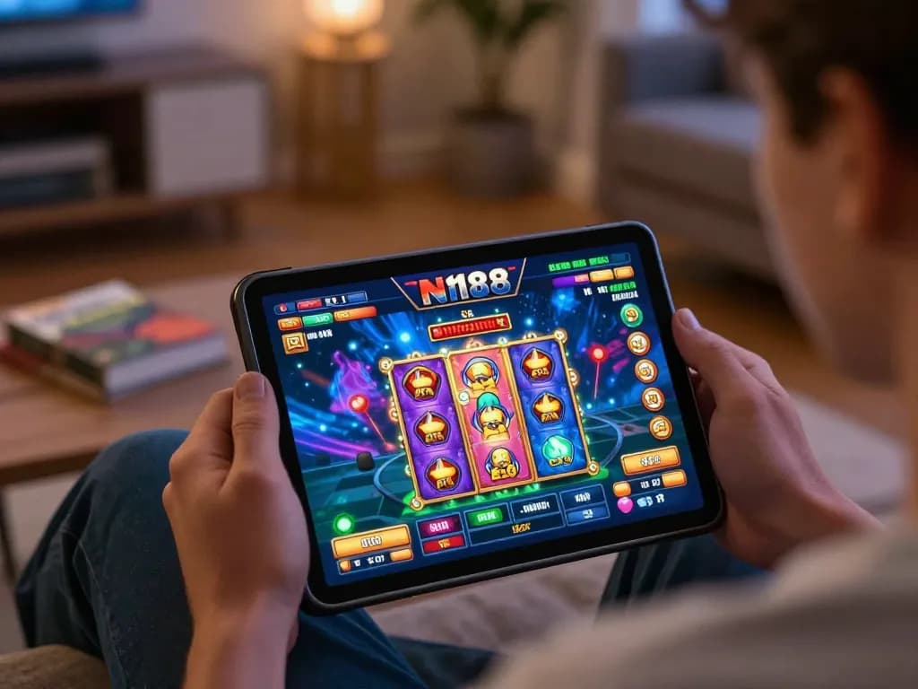 N188 game player interacting with colorful slot machine interface on tablet in cozy living space