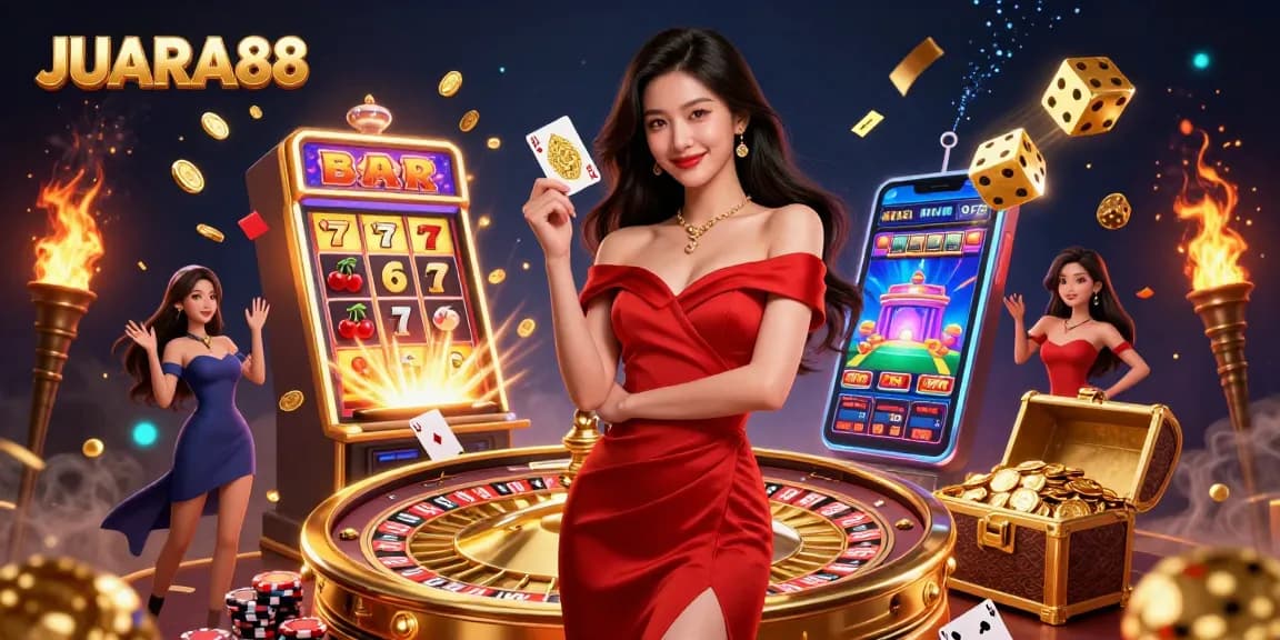 Juara88 showcases a vibrant casino scene with a stunning Asian woman holding a winning card.