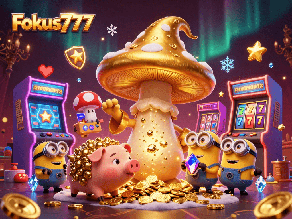 Experience the joy of winning at Fokus777 with a magical 3D gaming scene packed with treasures.