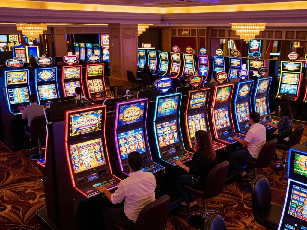 Engaged players enjoying slot games at Jilipinas casino with vibrant machines and warm lighting.