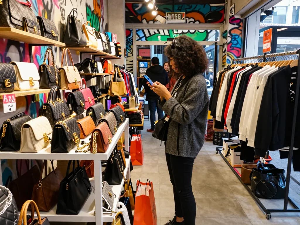 Engaging shopping scene at a 레플리카 사이트 with stylish individual exploring luxury handbags and accessories.