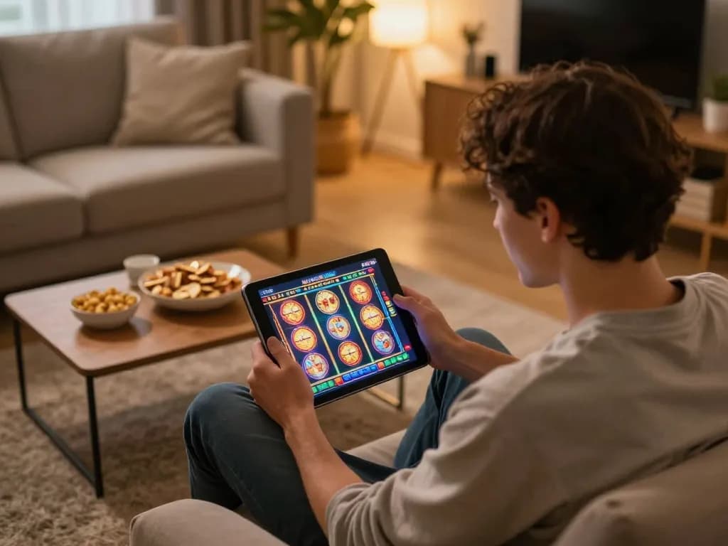 Engaged player experiencing gajah toto online slots at home, enjoying a cozy gaming session.