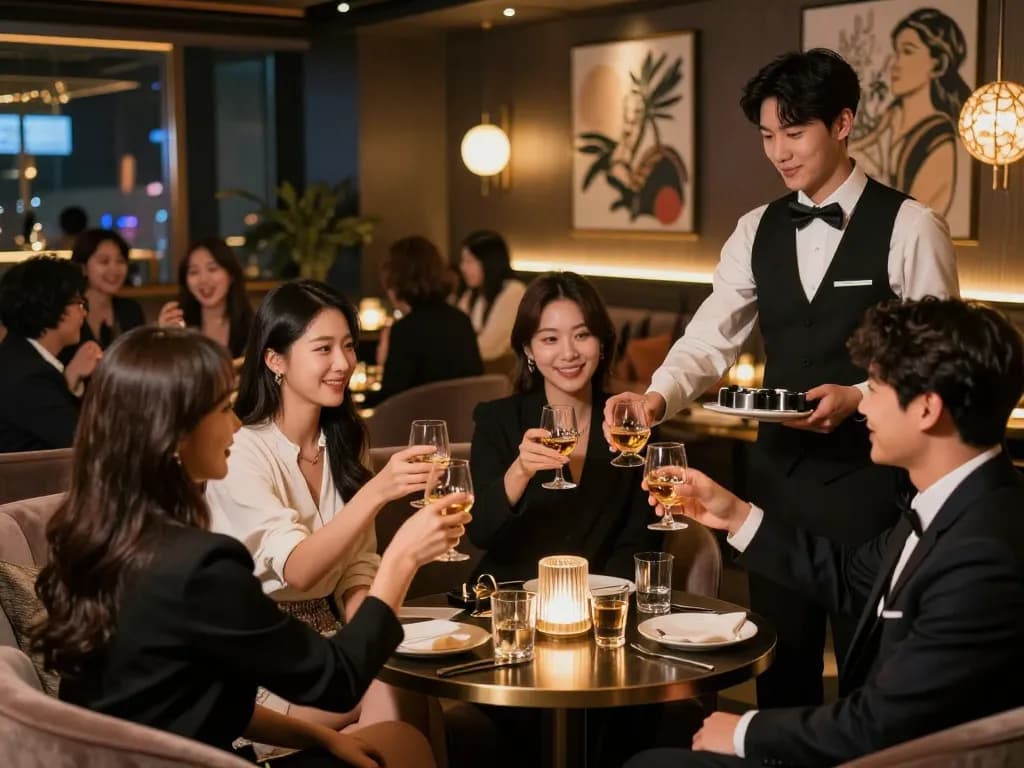 High-end experience at 강남쩜오 with friends enjoying whiskey in luxurious private room