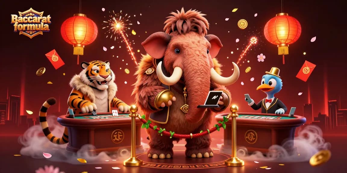 Engage in the Baccarat formula scene featuring a generous bouncer and a stylish tiger, surrounded by glowing game elements.