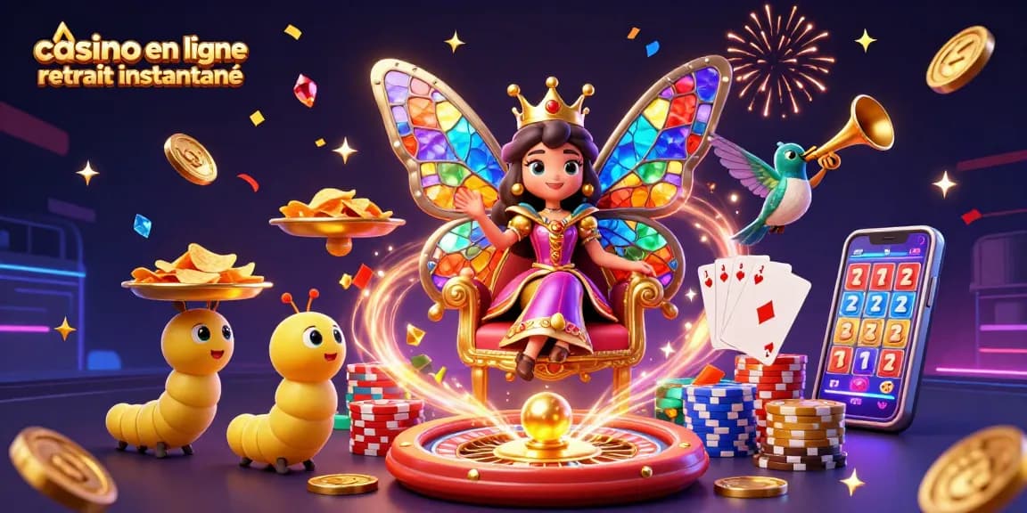 Expérimentez des retraits instantanés au casino en ligne grâce à notre reine papillon 3D entourée de jeux d'argent.