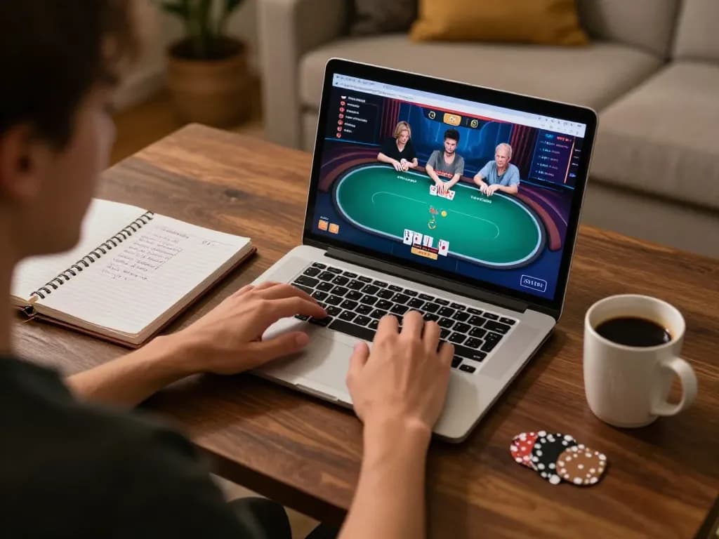 Player engaged in an online poker game with TV88, showcasing strategic gameplay in a cozy home.