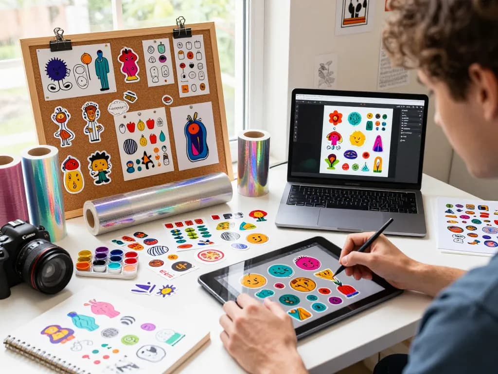 Creative artist designing custom stickers in a vibrant workspace filled with colorful materials and samples.