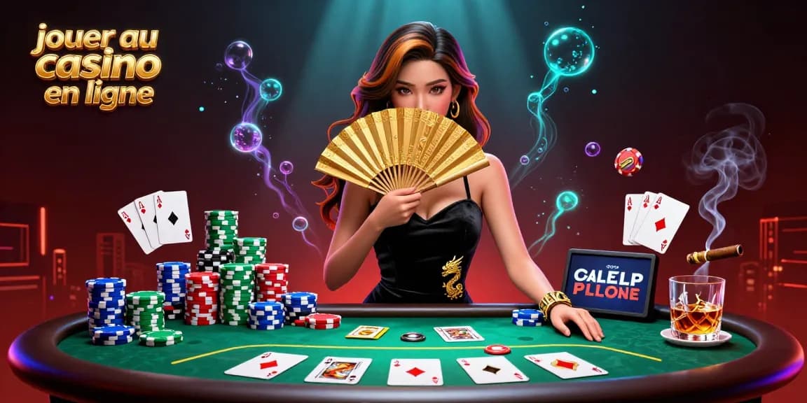 Ressentez l'excitation de jouer au casino en ligne avec une femme asiatique captivante à une table de poker animée.