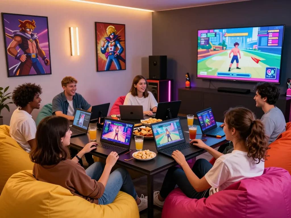Group enjoying free sex games in a vibrant gaming lounge, showcasing multiple devices and a fun atmosphere.