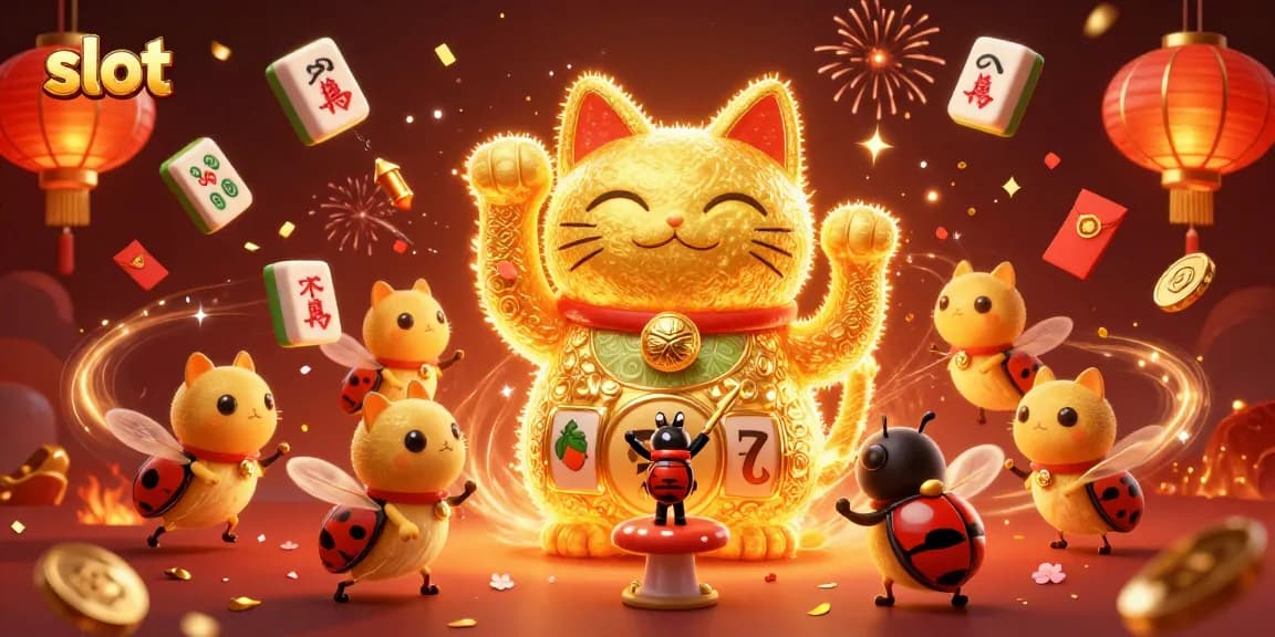 Engage with vibrant slot themes featuring a golden lucky cat and casino symbols in a festive display.