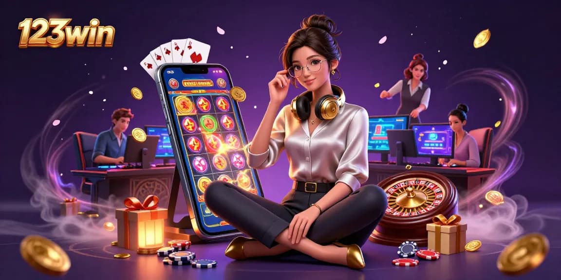 Experience winning at 123win with an elegant Asian woman gaming amid vibrant casino elements.