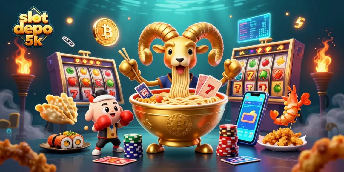 Win big with slot depo 5k, featuring colorful slot symbols and dynamic casino characters!