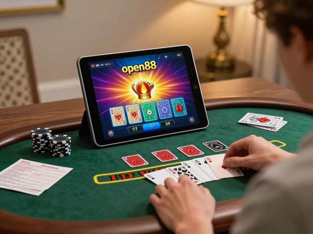 Engaging in a live dealer game at open88, showcasing a stylish home gaming setup.