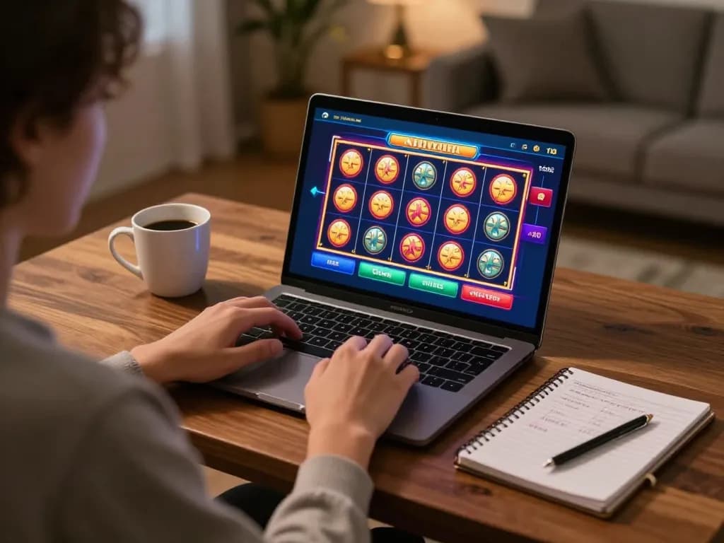 Engaging in online casinos Canada while playing vibrant slot games at home with a laptop.