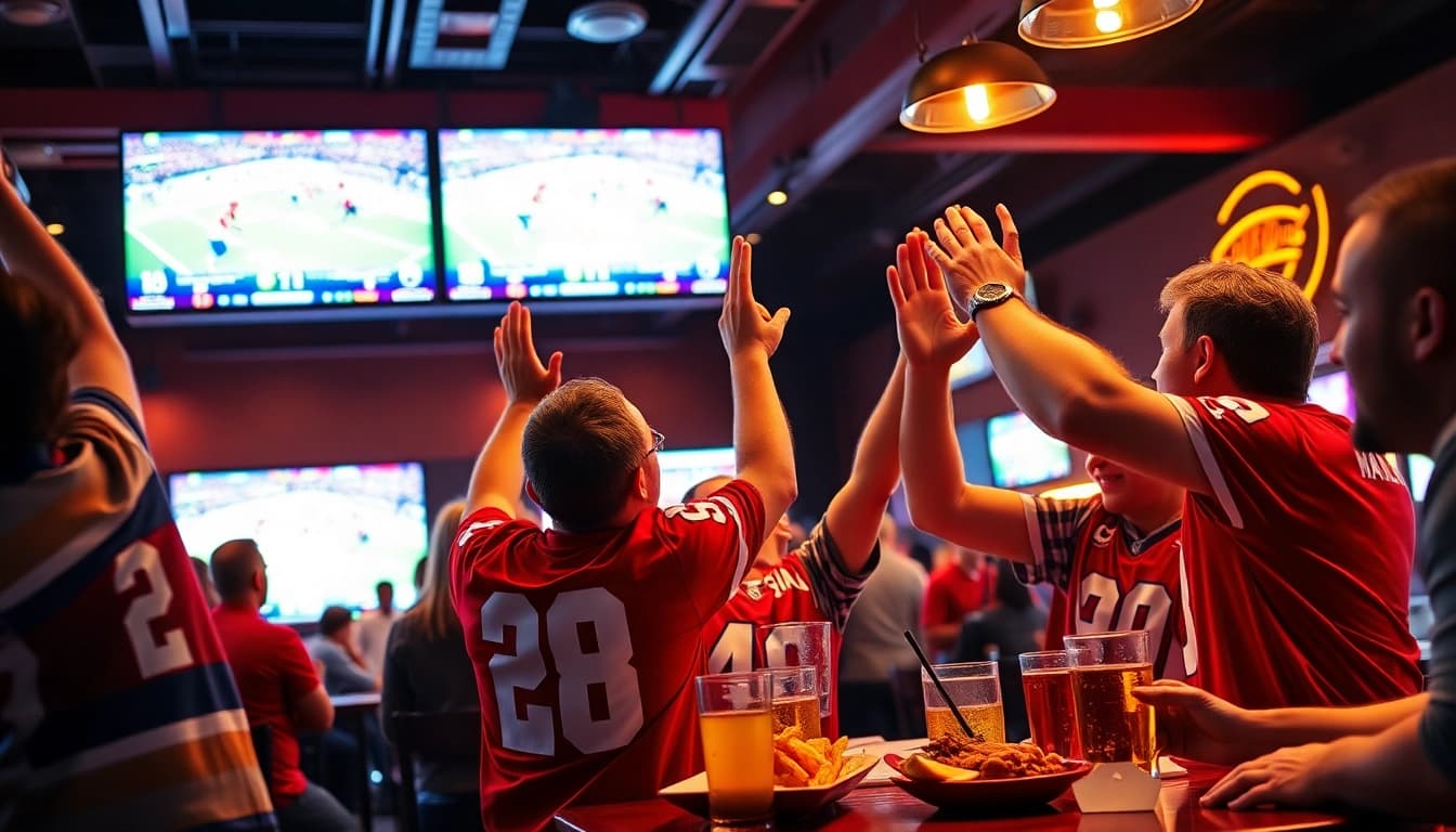 Fans enjoying sports betting in Oklahoma at a lively sports bar, celebrating a winning bet.