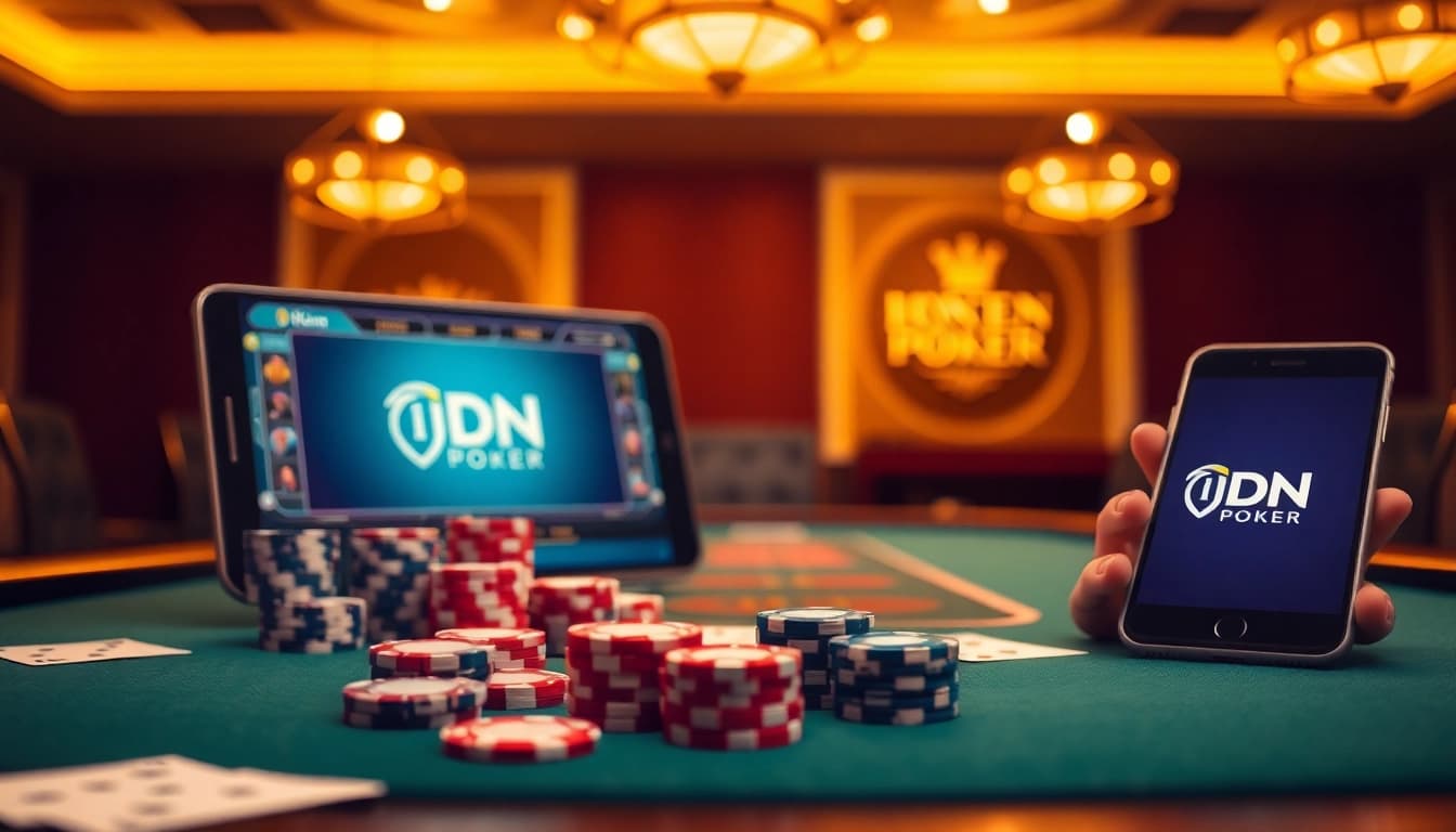Play IDN Poker with vibrant chips and digital interface in a luxurious setting.