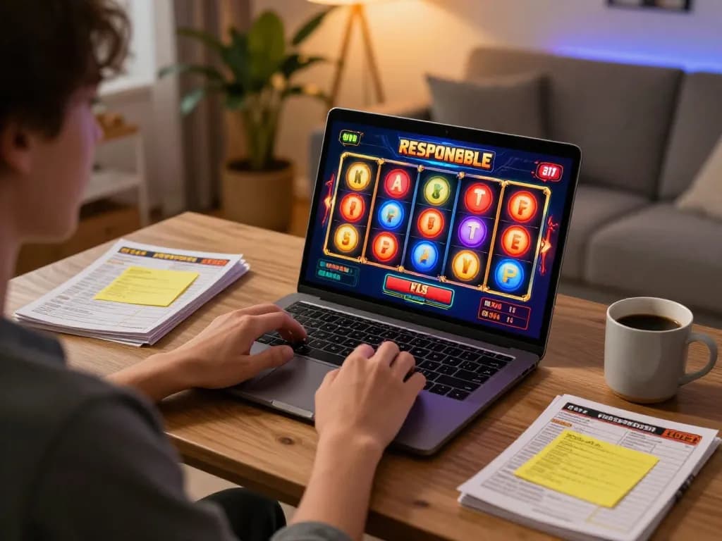 Player enjoying JPTOTO slot games on a laptop in a cozy home setting, emphasizing responsible gambling.